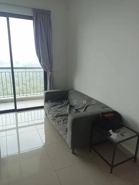 Living features: grey fabric sofa, glass side table, floor-to-ceiling sliding glass door, curtains, glossy tile flooring, white painted walls, view of greenery; style: modern; view: garden.
