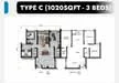 Floor plan: 3-bedroom 2-bathroom unit; features: open-plan kitchen-dining-living, master bedroom with ensuite bathroom, balcony off living room, utility room, laundry area, central foyer, 2 car porch, 1,020 sqft built-up.