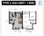 Floor plan: 1-bedroom 1-bathroom unit; features: open-plan kitchen-dining-living, master bedroom with ensuite bathroom, utility room, balcony off living room, central foyer.