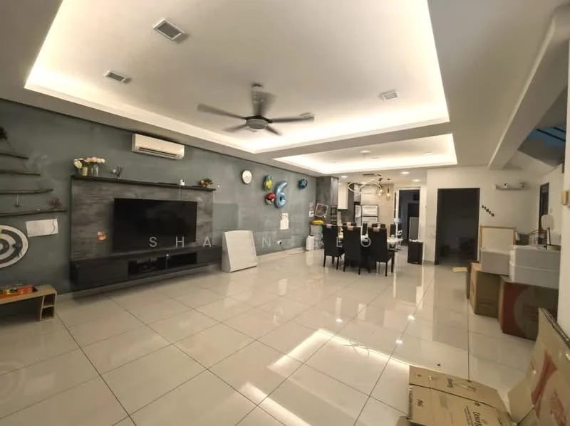Living features: white painted walls, grey accent wall, polished ceramic tile flooring, recessed downlights, 5-blade ceiling fan, wall-mounted TV, entertainment unit, decorative wall shelves, dining table with chairs, open layout to kitchen, air conditioning unit, decorative balloons, boxes for storage; style: modern.