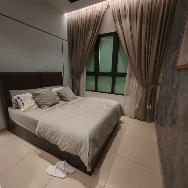 Bedroom features: queen-size bed with grey bedding, upholstered headboard, two decorative pillows, floor-to-ceiling window, blackout curtains, light grey walls, tile flooring, recessed lighting, slippers on the floor; style: modern.