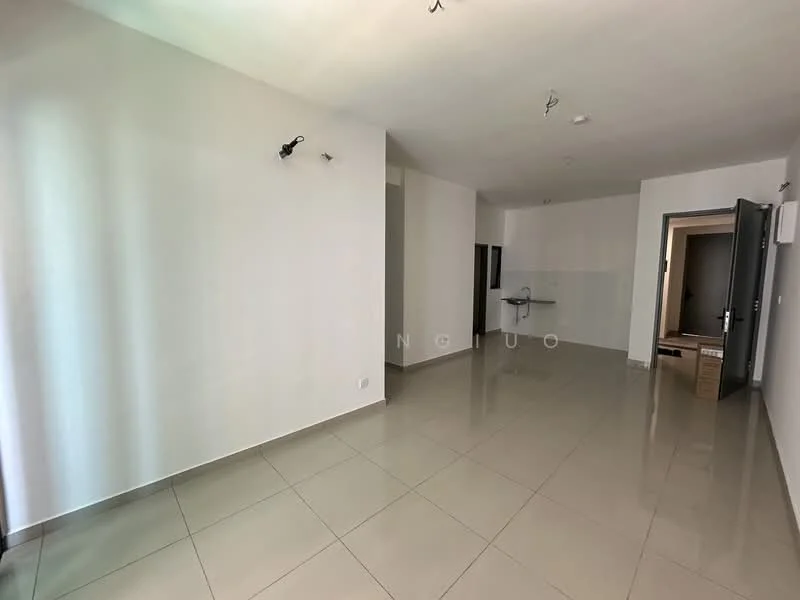 Room features: white painted walls, glossy ceramic tile flooring, recessed downlights, floor-to-ceiling windows, open layout, neutral color scheme, doorway leading to another room, wall-mounted air conditioning unit; style: modern.