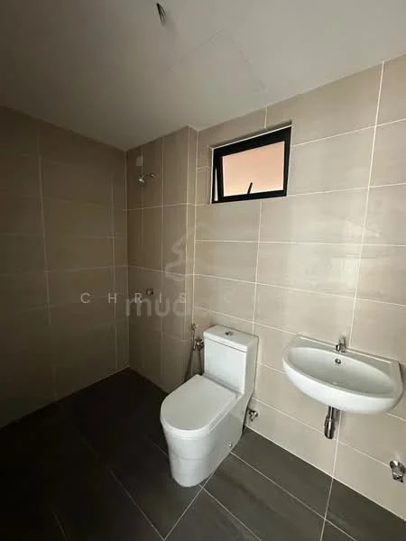 Bathroom features: white one-piece toilet, wall-mounted sink, chrome basin mixer, grey ceramic tile flooring, beige wall tiles, shower head with wall mount, small window, recessed ceiling light; style: modern.