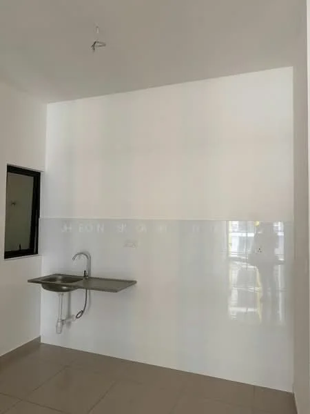 Kitchen features: white painted walls, glossy white tile backsplash, grey countertop, single-bowl stainless-steel sink, chrome faucet, floor tile flooring, window, no visible appliances; style: modern.