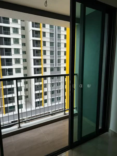 Room features: glass sliding door, black metal railing, grey tiled flooring, green accent wall, balcony view of building, floor-to-ceiling windows; style: modern; view: city.