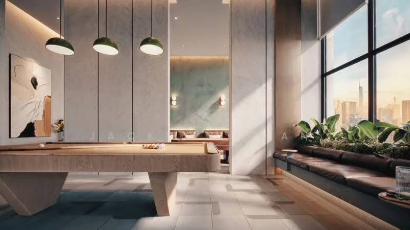 Room features: pool table, large windows with city view, greenery along window ledge, pendant lights with green shades, light wood flooring, textured wall panels, seating area with cushions, abstract artwork on wall, recessed lighting; style: modern; view: city.