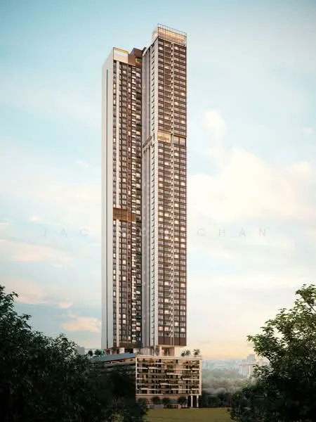 Exterior type: high-rise condominium; features: glass curtain wall, white painted facade, recessed balconies, vertical fins, landscaped podium, multiple levels, outdoor amenities visible, surrounded by greenery; style: modern.
