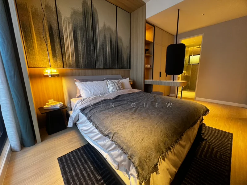 Bedroom features: king-size bed, upholstered headboard, grey throw blanket, bedside table, table lamp with warm light, framed artwork on wall, floor-to-ceiling windows, black area rug, built-in wardrobe, wooden flooring, recessed lighting; style: modern; view: city.