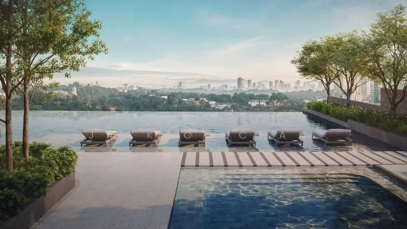 Exterior type: swimming pool deck; features: infinity pool with poolside loungers, lap pool, stone-paved walkway, surrounded by tropical landscaping, mature trees, city skyline view in background; style: modern.