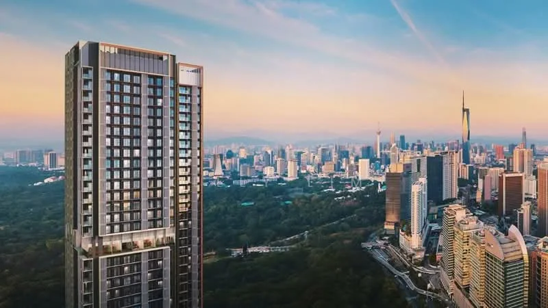 Exterior type: high-rise condominium; features: glass curtain wall, recessed balconies, feature lighting at night, approximately 30-storey high-rise, surrounded by mature greenery, urban skyline view in background; style: modern.