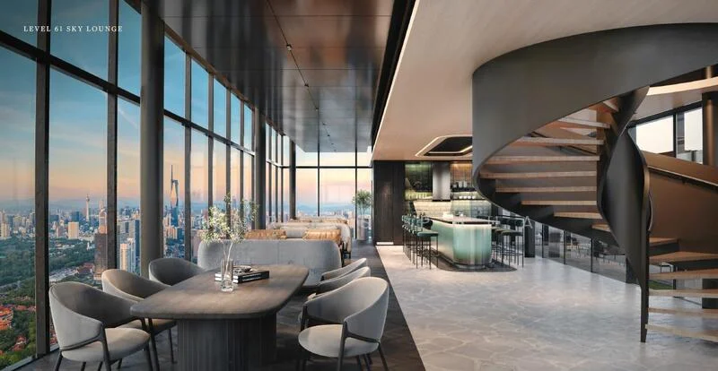 Living features: floor-to-ceiling windows, spiral staircase, marble flooring, modern bar area, upholstered lounge chairs, wooden dining table, contemporary lighting fixtures, greenery decor, city skyline view, open layout, high ceiling, stylish bar stools; style: modern; view: city.