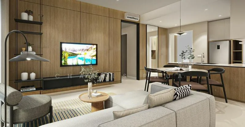 Living features: light grey fabric sofa, black coffee table, wooden TV console, wall-mounted TV, wood panel feature wall, recessed lighting, ceiling-mounted air conditioning unit, decorative vase with flowers, area rug with geometric pattern, floor lamp, dining table with black chairs, open kitchen layout; style: modern.