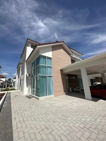 Exterior type: detached bungalow; features: white painted facade, cream accent wall, flat roof, approximately 2-storey, paved driveway, landscaped front yard, large windows, air conditioning units visible, car porch, surrounded by greenery; style: modern.