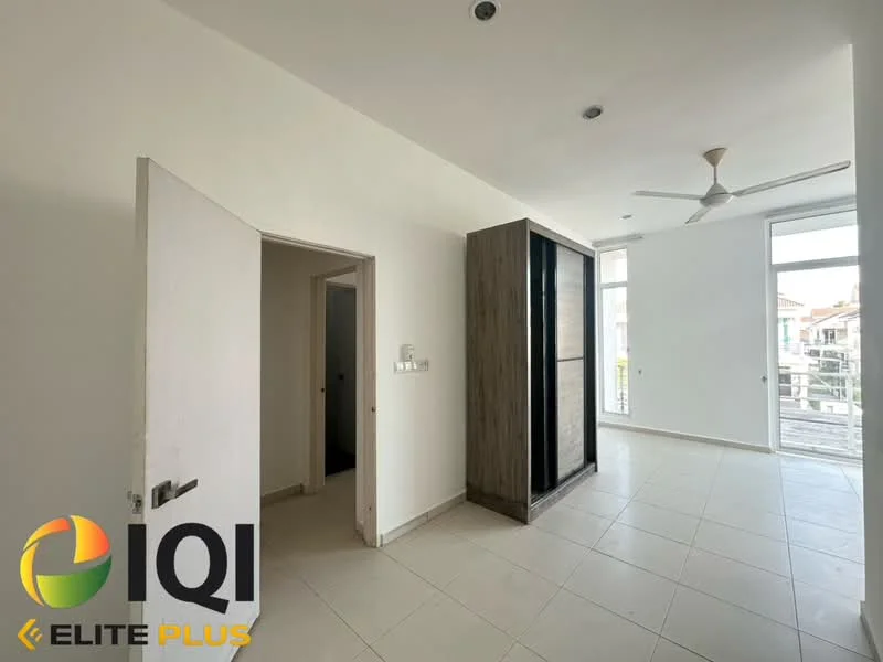 Room features: white painted walls, tile flooring, ceiling fan, large windows, built-in wardrobe, doorway leading to another room, natural light from windows; style: modern.