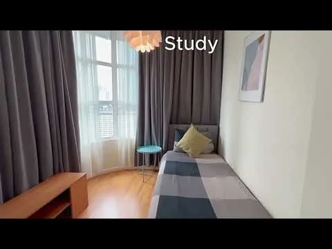 Study features: single bed, upholstered headboard, bedside table, green decorative pillow, floor-to-ceiling windows, sheer curtains, grey curtains, wooden flooring, wall-mounted artwork, wooden shelf unit; style: modern; view: city.