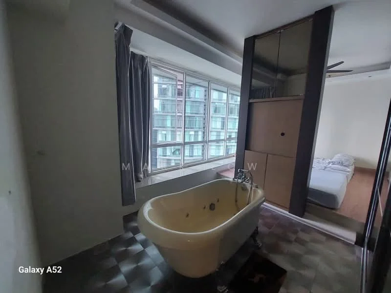 Bathroom features: freestanding bathtub, floor-to-ceiling windows, grey curtains, tile flooring, wall-mounted faucet, shower area, mirror cabinet, light fixture; style: modern; view: city. Bedroom features: queen-size bed, wood flooring, bedside table, ceiling fan, wall-mounted light, built-in wardrobe; style: modern.