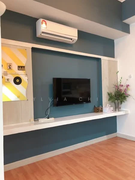 Living features: light wood laminate flooring, blue accent wall, white painted walls, wall-mounted TV, floating white shelf, air conditioning unit, decorative plants, framed artwork, decorative vase; style: modern.