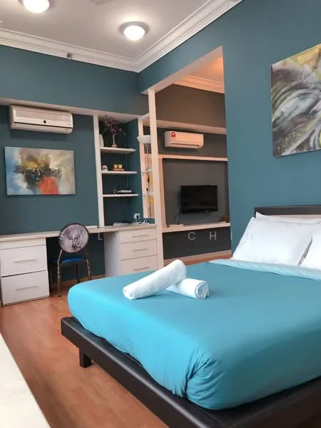 Bedroom features: king-size bed with blue bedding, 2 white towels on bed, wooden flooring, blue painted walls, white ceiling with recessed lights, wall-mounted air conditioning unit, built-in wardrobe with sliding doors, study desk with chair, wall-mounted TV, decorative artwork on wall; style: modern.