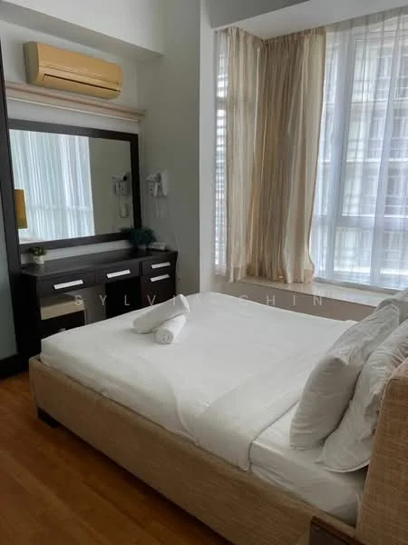 Bedroom features: queen-size bed, upholstered headboard, white bedding, 2 white pillows, wooden flooring, floor-to-ceiling windows, sheer curtains, wall-mounted air conditioning unit, dark wood dresser with drawers, mirror above dresser, decorative plant on dresser; style: modern.