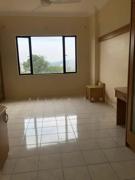 Room features: cream painted walls, white tiled flooring, floor-to-ceiling windows, ceiling fan, built-in wooden desk, built-in wooden shelf, window with mountain view; view: mountain.
