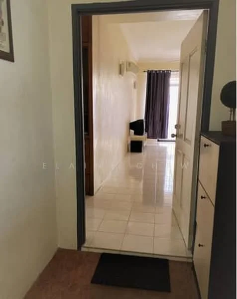 Room features: white painted walls, ceramic tile flooring, door with panel design, air conditioning unit, black sofa, floor-to-ceiling windows with curtains, neutral color scheme; style: modern.