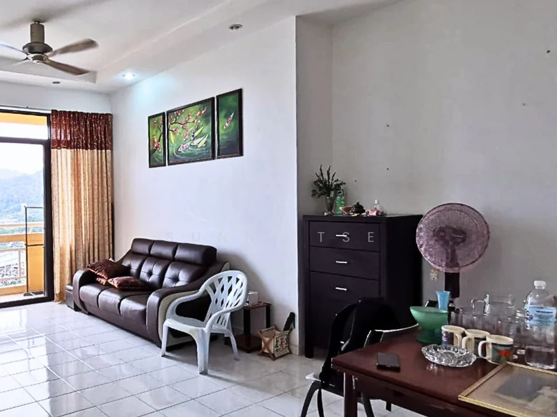 Living features: 3-seater leather sofa in brown, white plastic chair, wooden dining table, black dining chairs, ceiling fan, white painted walls, tile flooring, curtains with floral pattern, decorative wall art, small potted plant, cabinet with drawers, glassware on table; style: modern; view: mountain.