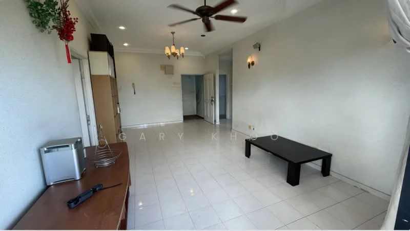 Living features: white painted walls, tile flooring, ceiling fan, recessed downlights, chandelier, wooden console table, black coffee table, window with curtain, open layout, neutral decor; style: modern.