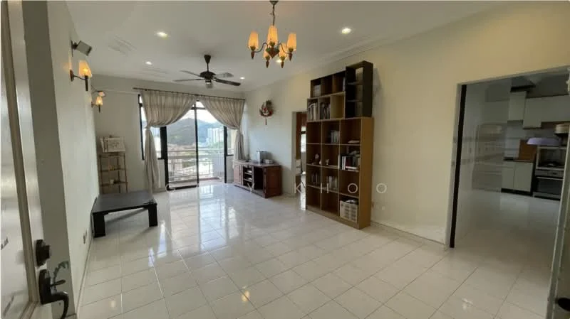 Living features: white painted walls, glossy tile flooring, 5-blade ceiling fan with light, recessed downlights, floor-to-ceiling windows, sliding glass door, curtains, wooden bookshelf, wooden coffee table, TV console, decorative wall clock, area rug, mountain view; style: modern; view: mountain. Kitchen features: white cabinetry, stainless-steel appliances, granite countertop, open layout to living area; style: modern.