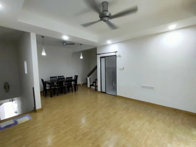 Living features: light wood laminate flooring, white painted walls, ceiling fan with light, recessed downlights, dining table with six chairs, staircase leading to upper floor, glass sliding door, open layout; style: modern.