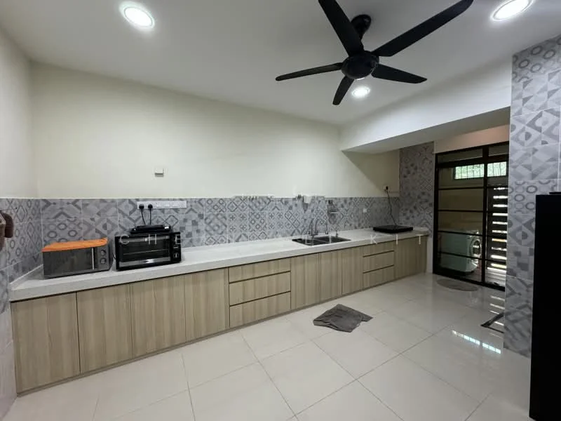 Kitchen features: light grey patterned backsplash, white countertop, wood cabinetry with horizontal slats, double-bowl stainless-steel sink, chrome pull-down faucet, built-in microwave, toaster, stainless-steel coffee machine, 5-blade ceiling fan with light, tile flooring, sliding glass door, window with view to outside; style: modern.