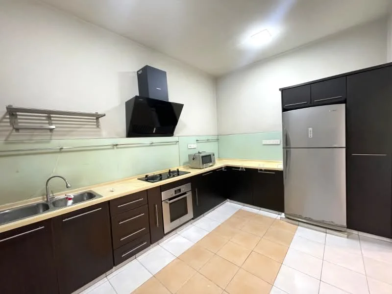 Kitchen features: brown cabinetry, granite countertop, stainless-steel sink, chrome pull-down faucet, built-in oven, 4-burner gas hob, stainless-steel range hood, microwave, stainless-steel fridge, tile flooring, white walls, green glass backsplash, open shelving; style: modern.
