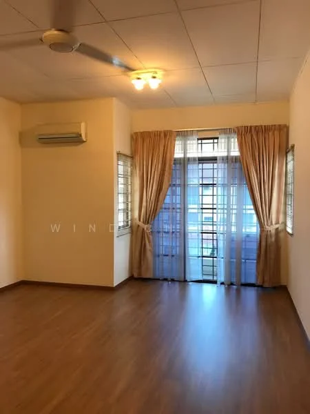 Room features: wooden flooring, cream painted walls, ceiling fan, wall-mounted split AC, curtains, sliding glass door, window with grille, light fixture; style: modern.