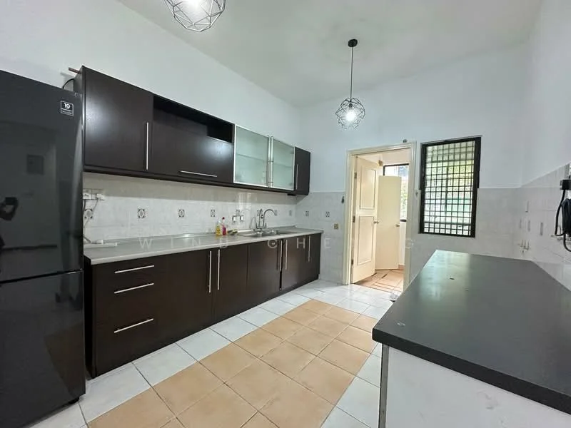 Kitchen features: dark wood cabinetry, white countertop, stainless-steel fridge, single-bowl stainless-steel sink, chrome pull-down faucet, ceramic tile flooring, white tiled backsplash, pendant lighting, wall-mounted cabinets, open shelving, window with grid pattern, door leading outside; style: modern.