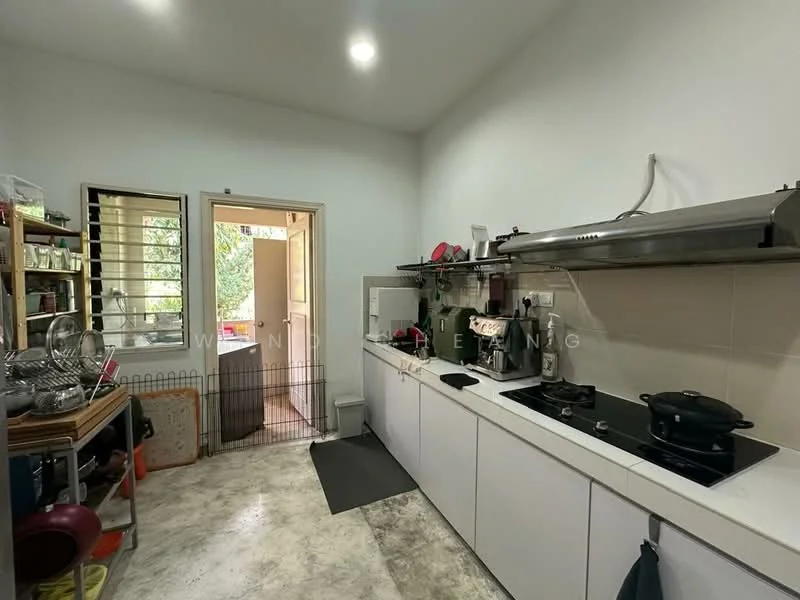 Kitchen features: white cabinetry, stainless-steel gas hob, stainless-steel range hood, white tiled backsplash, marble countertop, single-bowl stainless-steel sink, kitchen utensils on shelves, window with metal grille, door leading to outdoor area, grey floor tiles; style: modern; view: garden.
