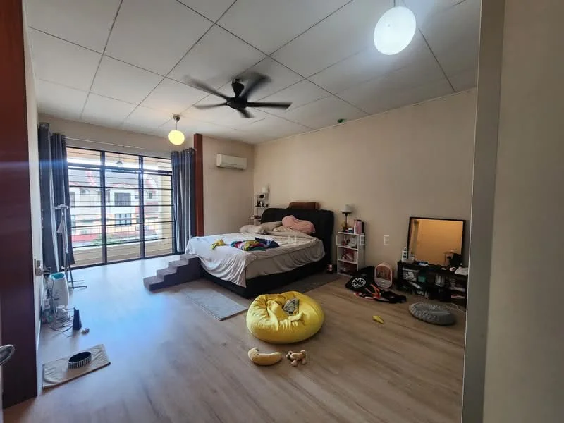 Bedroom features: king-size bed, upholstered headboard, floor-to-ceiling windows, sliding glass door, curtains, 5-blade ceiling fan, wooden flooring, decorative mirror, nightstand, area rug, yellow bean bag, toys on the floor; style: modern; view: city.