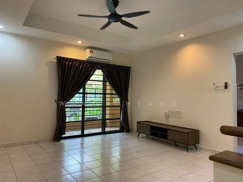 Living features: white painted walls, tile flooring, 5-blade ceiling fan, floor-to-ceiling windows, blackout curtains, wooden TV console, air conditioning unit, natural light from windows; style: modern; view: garden.