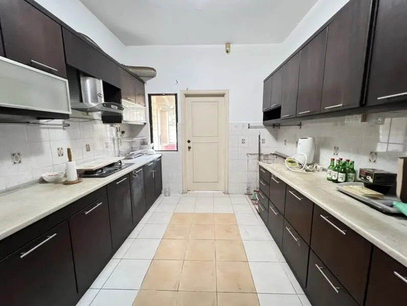Kitchen features: dark wood cabinetry, white countertop, ceramic tile flooring, built-in oven, stainless-steel range hood, 4-burner gas hob, single-bowl stainless-steel sink, wall-mounted cabinets, door leading outside, white tiled backsplash, kitchen appliances visible, open shelving, bottles on countertop; style: modern.