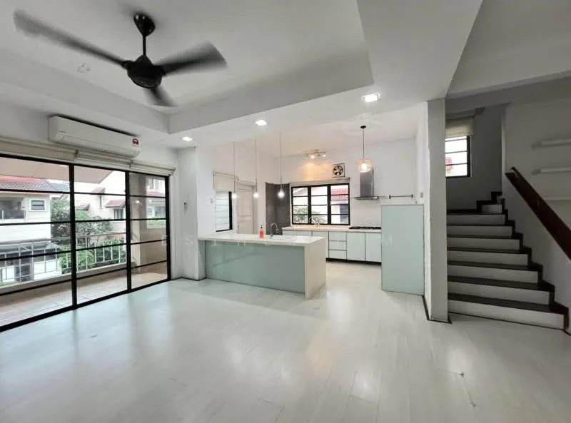 Living features: white painted walls, light wood flooring, 5-blade ceiling fan with light, floor-to-ceiling windows, sliding glass door, open-plan layout, recessed downlights, kitchen island with sink, stainless-steel faucet, kitchen cabinetry with white finish, stainless-steel range hood, stainless-steel built-in oven, stainless-steel cooktop, stainless-steel fridge, staircase with wooden steps; style: modern; view: garden.