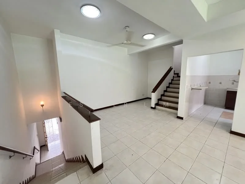 Living features: white painted walls, tile flooring, 5-blade ceiling fan, recessed downlights, staircase with wooden railing, large windows for natural light, open layout, neutral color scheme; style: modern. Kitchen features: tile flooring, white cabinetry, countertop with backsplash, kitchen island, sink, stainless-steel appliances; style: modern.