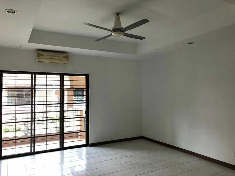 Living features: white painted walls, flat ceiling, 5-blade ceiling fan, wall-mounted split AC, sliding glass door, floor-to-ceiling windows, ceramic tile flooring, window treatments with grilles; style: modern; view: garden.