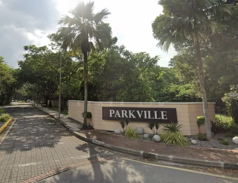 Exterior type: gated community; features: entrance sign with 'PARKVILLE', manicured landscaping, palm trees, mature trees, paved driveway, curved road leading into the community; style: modern.