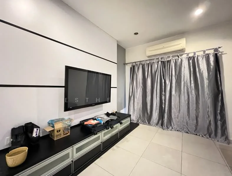 Living features: grey accent wall, white painted walls, floor-to-ceiling windows covered with grey curtains, wall-mounted TV, black TV console with storage, light-colored tiled flooring, 1 wall-mounted split AC, decorative items on console, box and bags on the floor; style: modern.