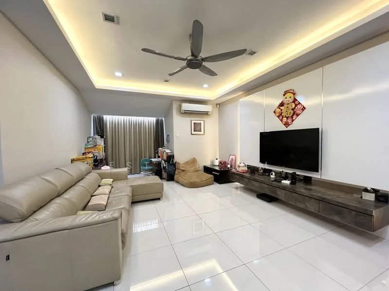 Living features: 3-seater leather sofa in beige, L-shape sectional sofa, coffee table, wall-mounted TV, TV console, recessed downlights, ceiling fan with light, white painted walls, glossy white tile flooring, decorative wall art, curtains, bean bag chair; style: modern.