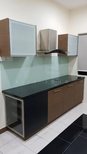Kitchen features: black granite countertop, brown cabinetry with glass-front upper cabinets, stainless-steel range hood, green glass backsplash, white tiled flooring, built-in cabinet with glass door, under-cabinet lighting, modern cabinet handles; style: modern.