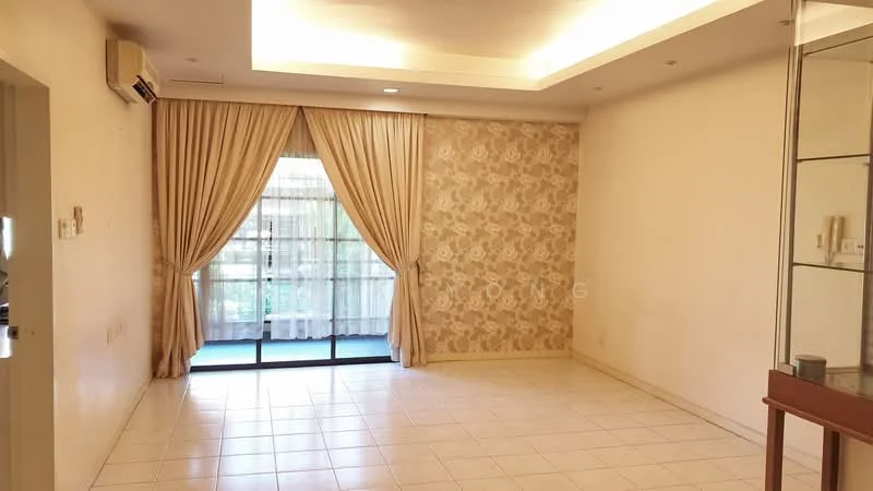 Living features: cream painted walls, floral wallpaper accent wall, white ceiling with recessed lighting, floor-to-ceiling sliding glass door, sheer curtains, tile flooring, wall-mounted split AC; style: modern; view: garden.
