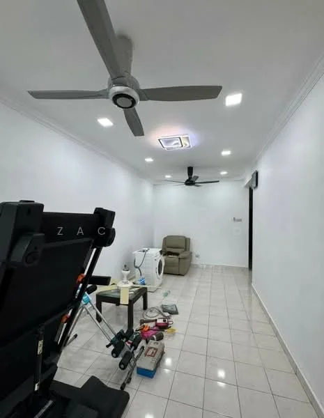 Room features: white painted walls, tile flooring, recessed LED downlights, 5-blade ceiling fan, ceiling-mounted air conditioning unit, exercise equipment, recliner chair, laundry machine, small table, various tools and items on the floor; style: modern.