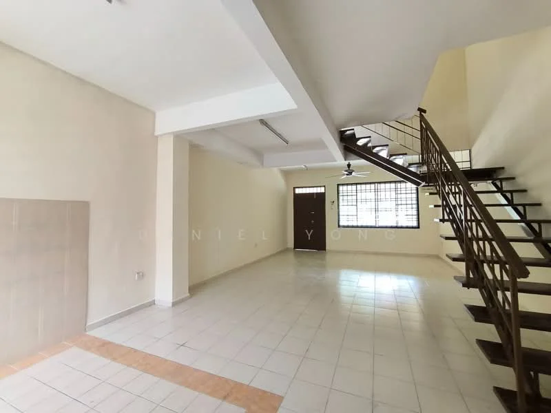 Room features: white painted walls, tile flooring, staircase with metal railing, large window for natural light, door leading outside, open layout, high ceiling, neutral color scheme; style: modern.