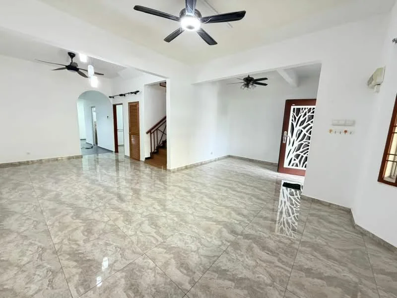 Living features: marble tile flooring, white painted walls, exposed beams on ceiling, 2 ceiling fans, large glass door with decorative panel, multiple windows for natural light, open layout, staircase visible in background; style: modern.