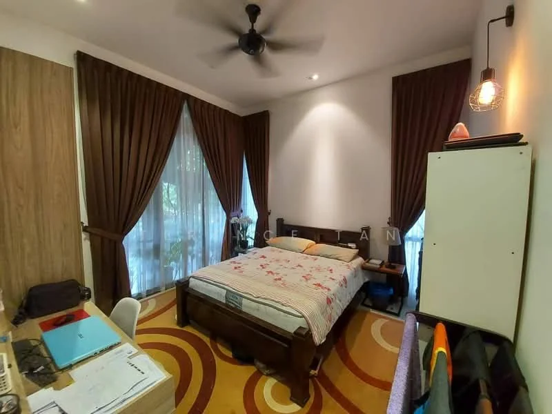 Bedroom features: queen-size bed with floral bedding, wooden bed frame, 2 bedside lamps, ceiling fan with light, floor-to-ceiling windows with sheer curtains, dark brown curtains, wooden wardrobe, study desk with chair, area rug with circular pattern, decorative wall art; style: modern; view: garden.