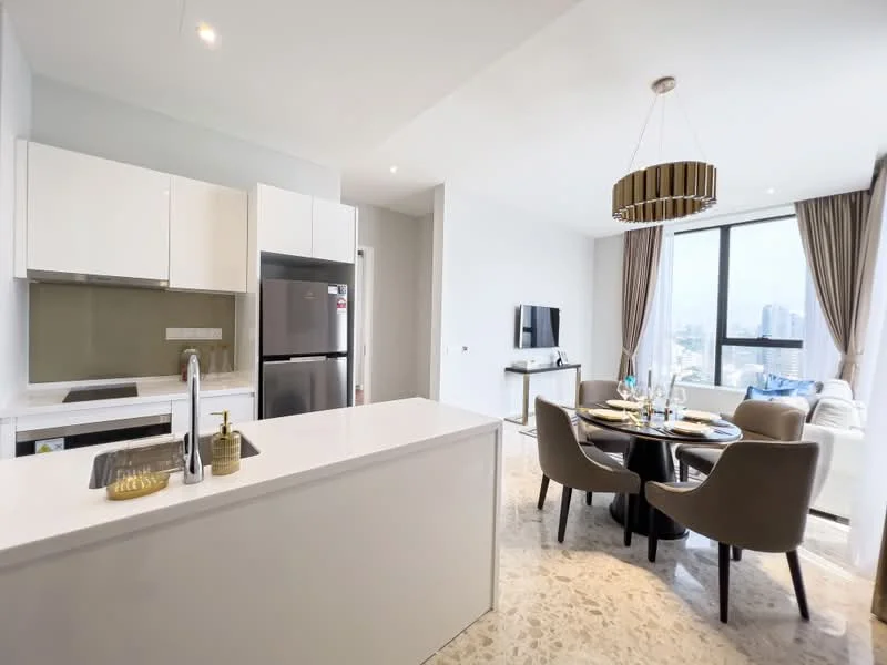 Kitchen features: white cabinetry, stainless-steel fridge, stainless-steel sink, chrome pull-down faucet, white quartz countertop, built-in oven, ceramic tile backsplash, open shelving; style: modern; view: city. Dining features: round dining table, upholstered dining chairs, decorative table setting, floor-to-ceiling windows, natural light, area rug; style: modern; view: city. Living features: sofa, coffee table, wall-mounted TV, curtains, decorative lighting, natural light; style: modern; view: city.